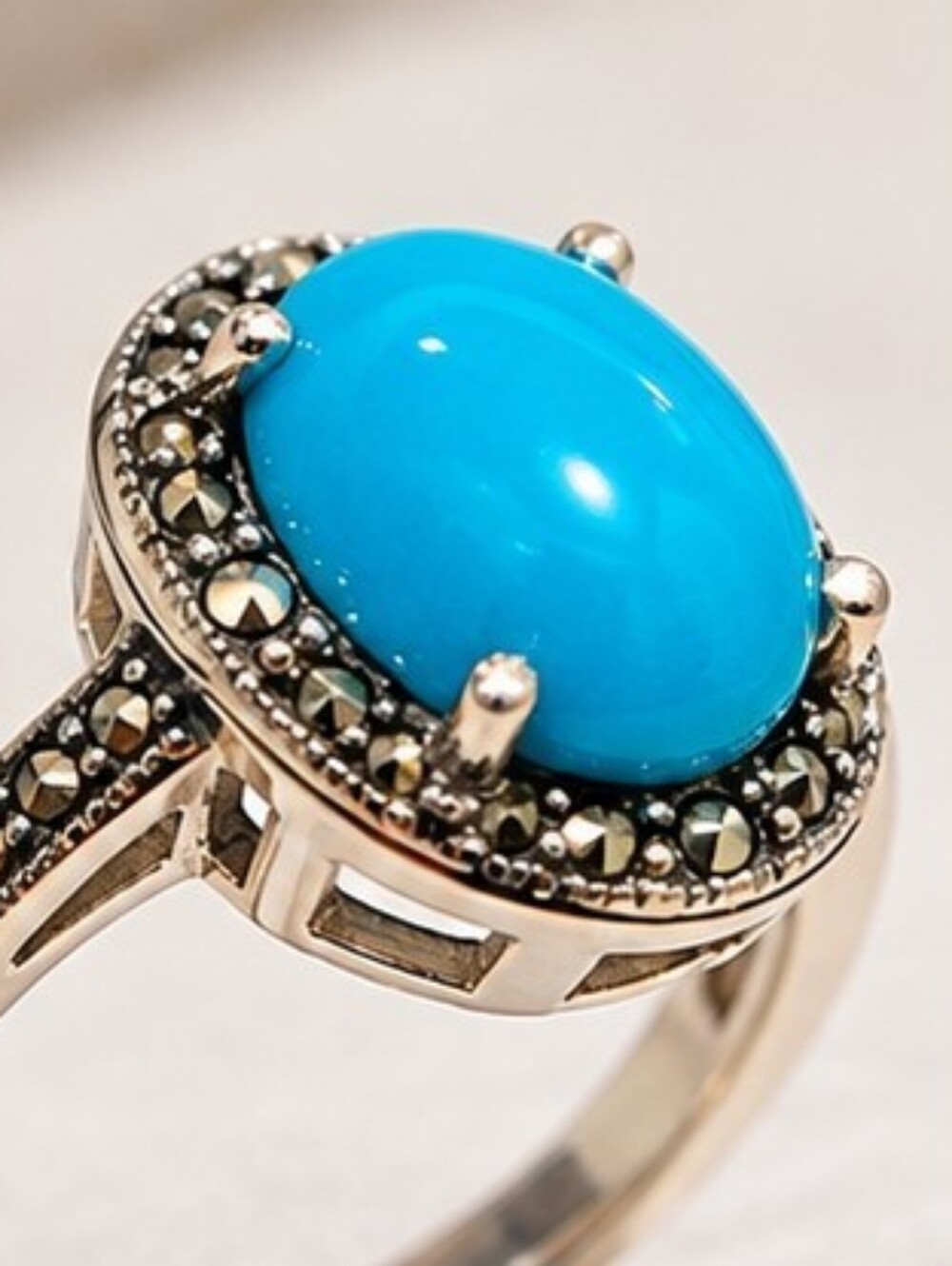 *VINTAGE* Sleeping Beauty Turquoise Ring With Black Pave Diamond Halo.
